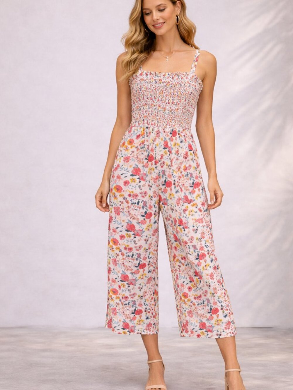 Francesca’s Mi Ami Floral Jumpsuit S Cropped Smocked Cotton Adjustable Straps